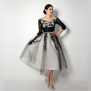 Women’s formal dress, retro vintage look, cream with black overlay, size small